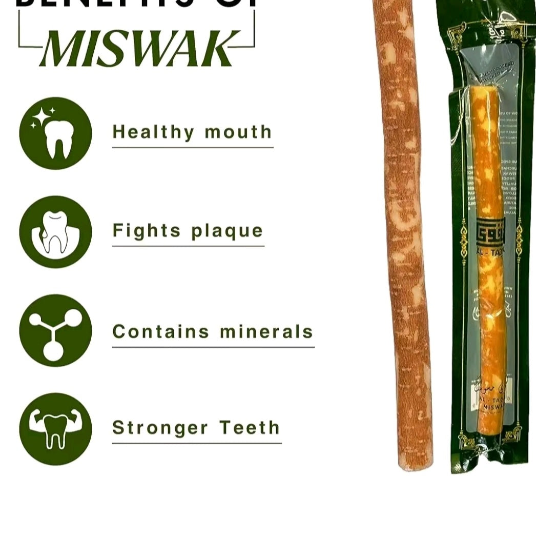 AL-TAQWA Miswak Stick | Miswak Toothbrush, Natural Toothbrush, Chewable (Meswak) | Siwak Oral Hygiene, Teeth Whitening, Control Bad Breath | Eco-Friendly, Biodegradable, Nitric Oxide Plastic Traditional Comfort